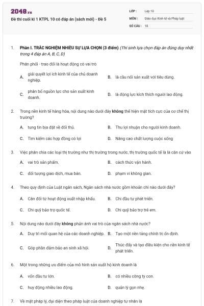 Đề thi cuối kì 1 KTPL 10 có đáp án (sách mới) - Đề 5