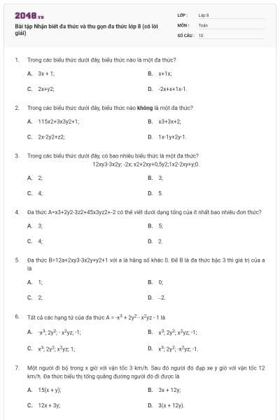Bài tập Nhận biết đa thức và thu gọn đa thức lớp 8 (có lời giải)