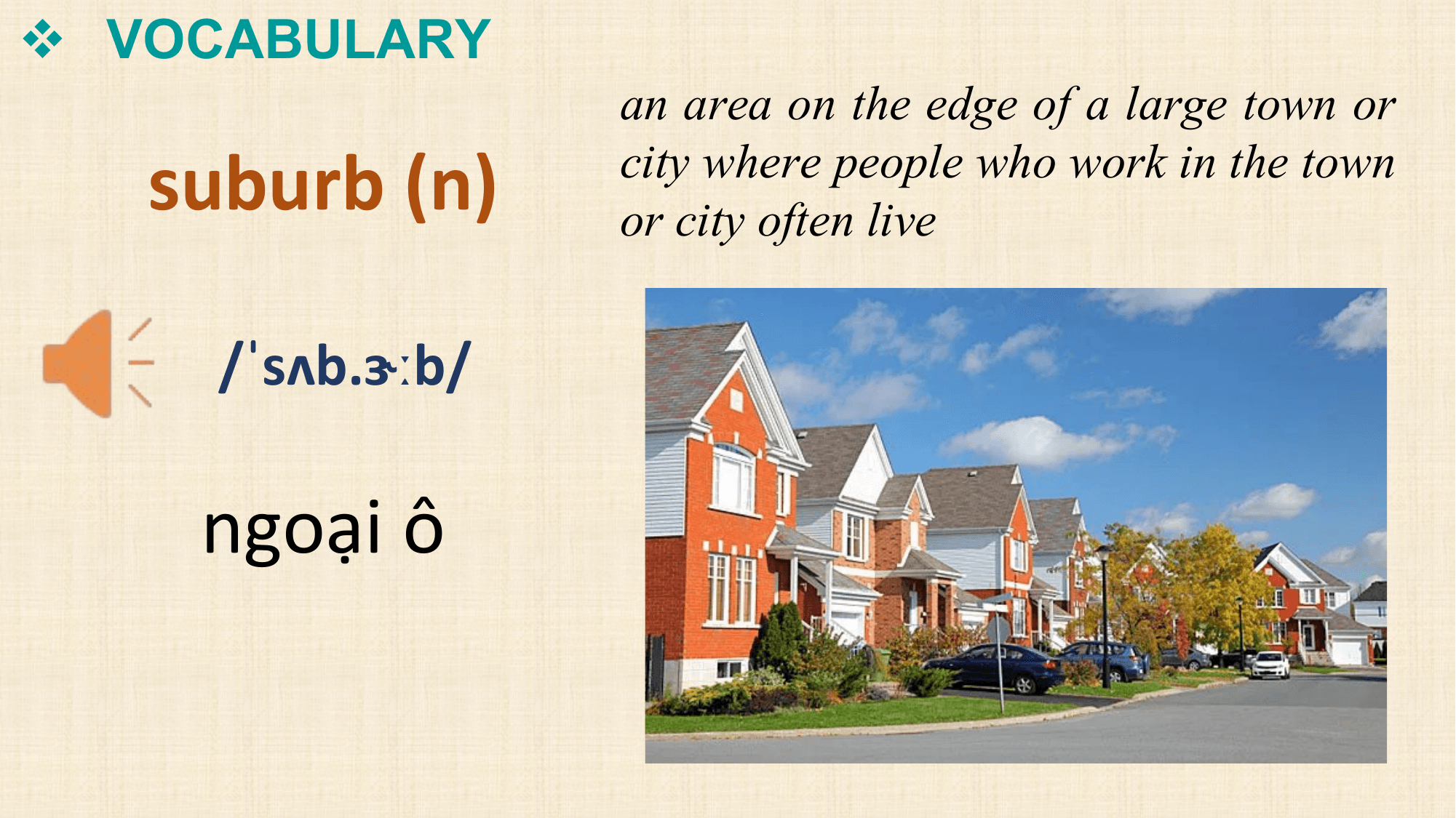 v VOCABULARY
 an area on the edge of a large town or
 suburb (n) city where people who work in the town
 or city often live

 /ˈsʌb.ɝːb/

 ngoại ô