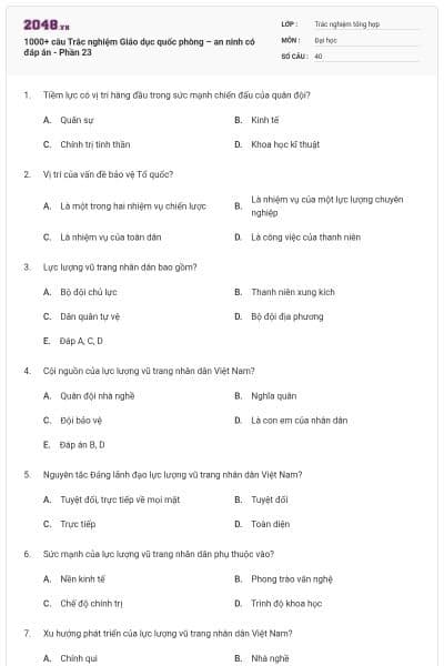 1000+ câu Trắc nghiệm Giáo dục quốc phòng – an ninh có đáp án - Phần 23