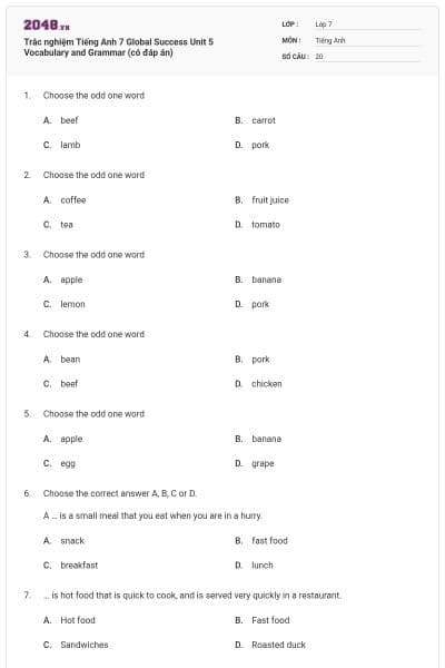 Trắc nghiệm Tiếng Anh 7 Global Success Unit 5 Vocabulary and Grammar (có đáp án)