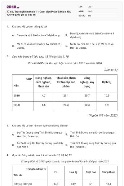 97 câu  Trắc nghiệm Địa lý 11 Cánh diều Phần 2: Địa lý khu vực và quốc gia có đáp án