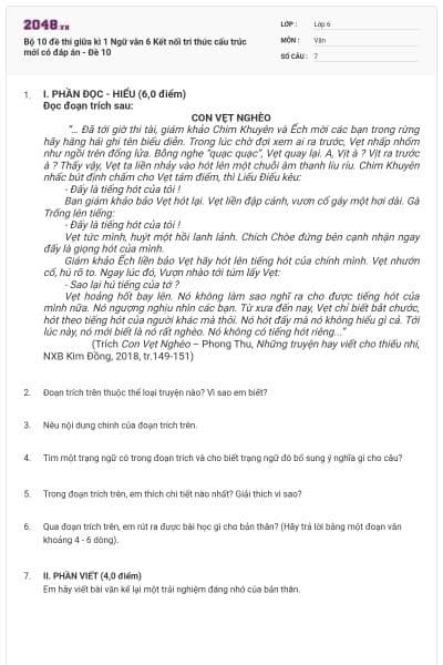 Bộ 10 đề thi giữa kì 1 Ngữ văn 6 Kết nối tri thức cấu trúc mới có đáp án - Đề 10