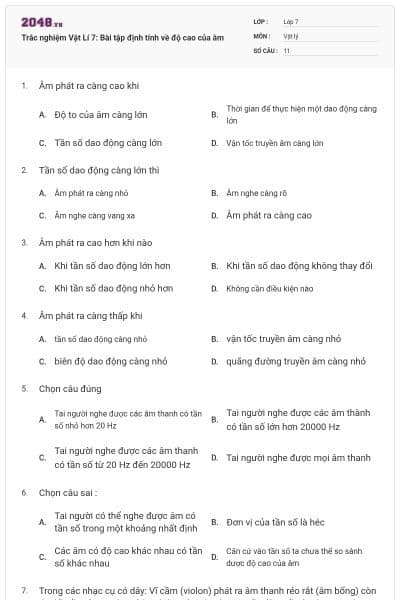 Trắc nghiệm Vật Lí 7: Bài tập định tính về độ cao của âm