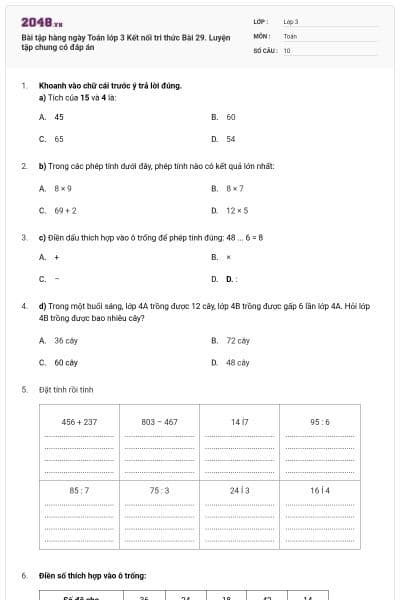 Bài tập hàng ngày Toán lớp 3 Kết nối tri thức Bài 29. Luyện tập chung có đáp án