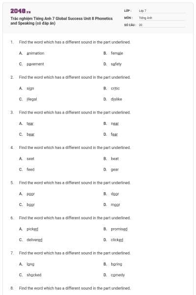 Trắc nghiệm Tiếng Anh 7 Global Success Unit 8 Phonetics and Speaking (có đáp án)