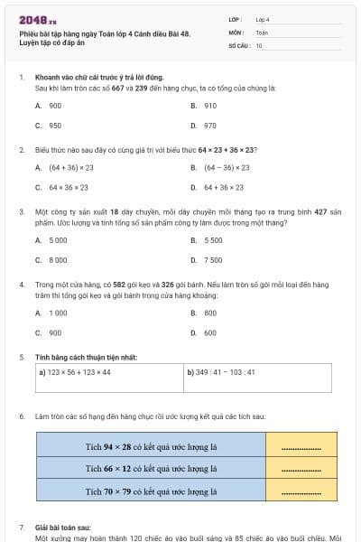 Phiếu bài tập hàng ngày Toán lớp 4 Cánh diều Bài 48. Luyện tập  có đáp án