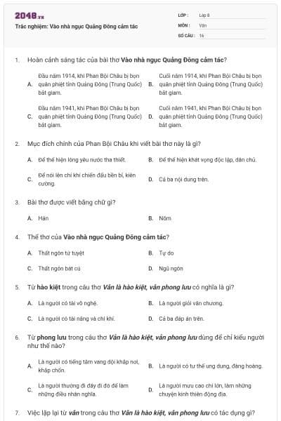 Trắc nghiệm: Vào nhà ngục Quảng Đông cảm tác