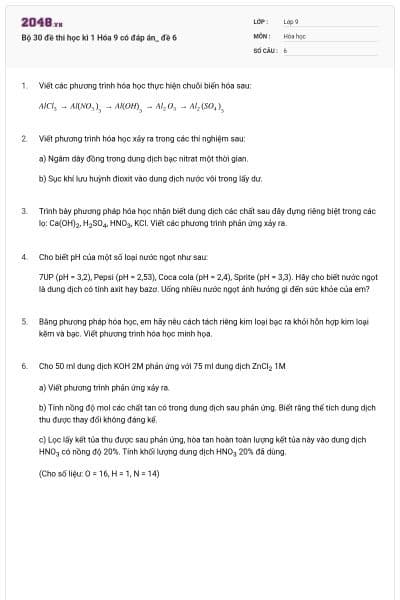 Bộ 30 đề thi học kì 1 Hóa 9 có đáp án_ đề 6