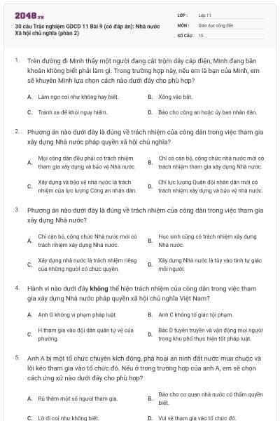 30 câu  Trắc nghiệm GDCD 11 Bài 9 (có đáp án): Nhà nước Xã hội chủ nghĩa (phần 2)