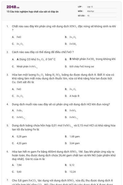 15 Câu trắc nghiệm hợp chất của sắt có đáp án