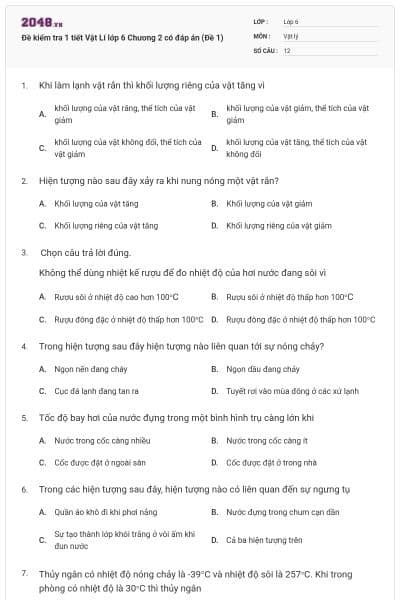 Đề kiểm tra 1 tiết Vật Lí lớp 6 Chương 2 có đáp án (Đề 1)