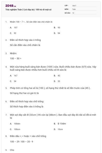 Trắc nghiệm Toán 2 (có đáp án): 100 trừ đi một số