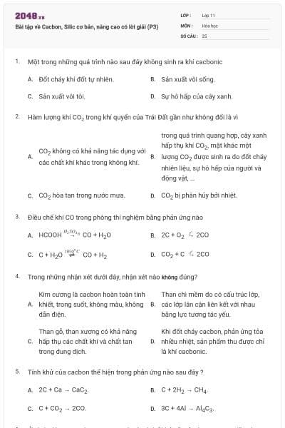 Bài tập về Cacbon, Silic cơ bản, nâng cao có lời giải (P3)