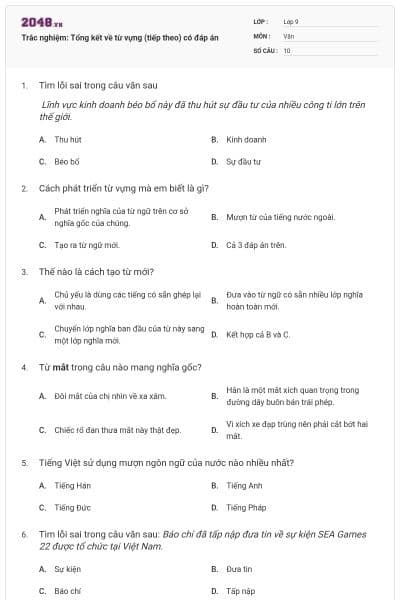 Trắc nghiệm: Tổng kết về từ vựng (tiếp theo) có đáp án
