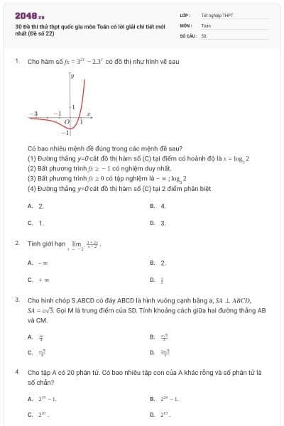 30 Đề thi thử thpt quốc gia môn Toán có lời giải chi tiết mới nhất (Đề số 22)