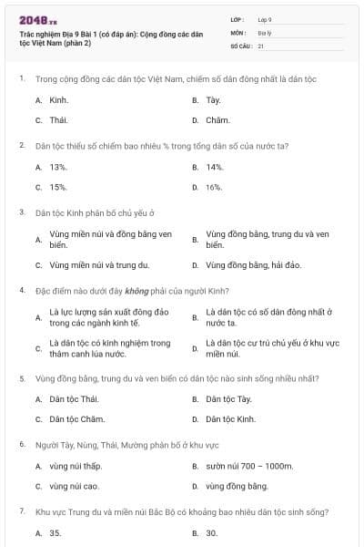 Trắc nghiệm Địa 9 Bài 1 (có đáp án): Cộng đồng các dân tộc Việt Nam (phần 2)