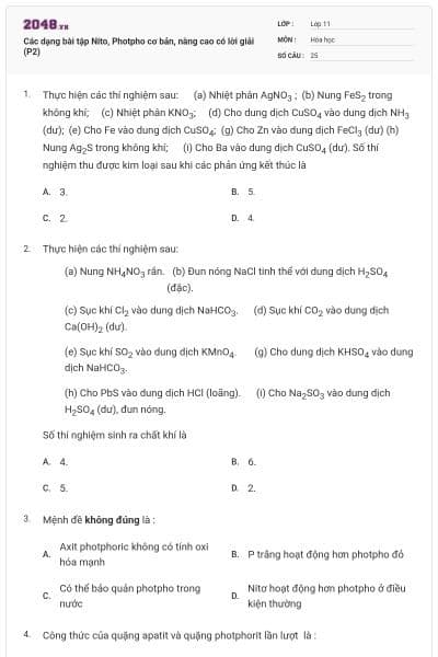 Các dạng bài tập Nito, Photpho cơ bản, nâng cao có lời giải (P2)