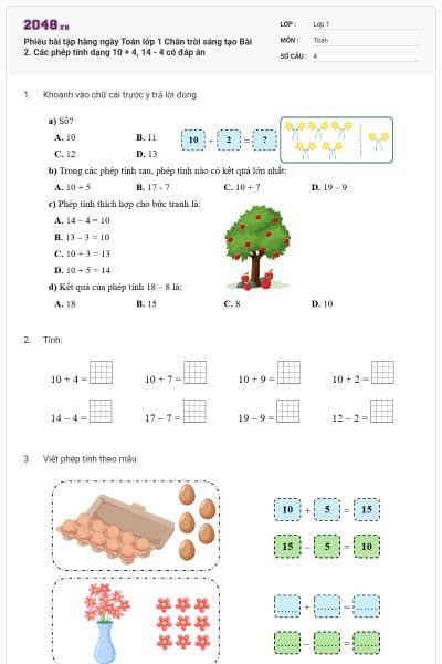 Phiếu bài tập hàng ngày Toán lớp 1 Chân trời sáng tạo Bài 2. Các phép tính dạng 10 + 4, 14 - 4 có đáp án