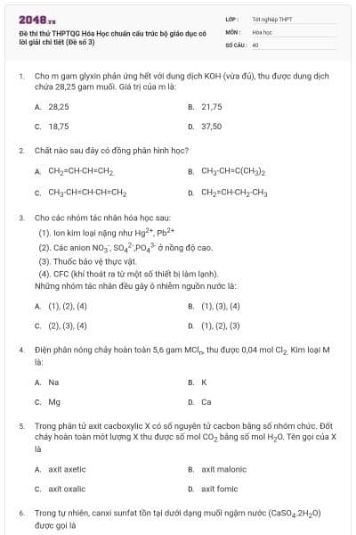 Đề thi thử THPTQG Hóa Học chuẩn cấu trúc bộ giáo dục có lời giải chi tiết (Đề số 3)