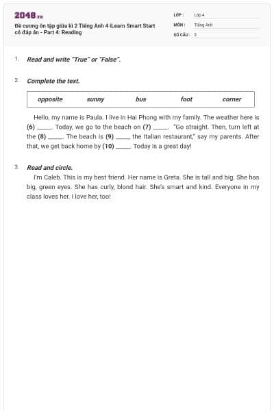 Đề cương ôn tập giữa kì 2 Tiếng Anh 4 iLearn Smart Start có đáp án - Part 4: Reading
