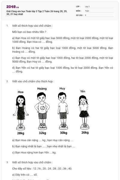 Giải Cùng em học Toán lớp 3 Tập 2 Tuần 26 trang 28, 29, 30, 31 hay nhất