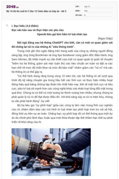 Bộ 10 đề thi cuối kì 2 Văn 12 Cánh diều có đáp án - Đề 5
