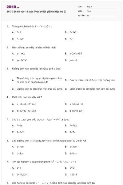 Bộ 30 đề thi vào 10 môn Toán có lời giải chi tiết (Đề 3)