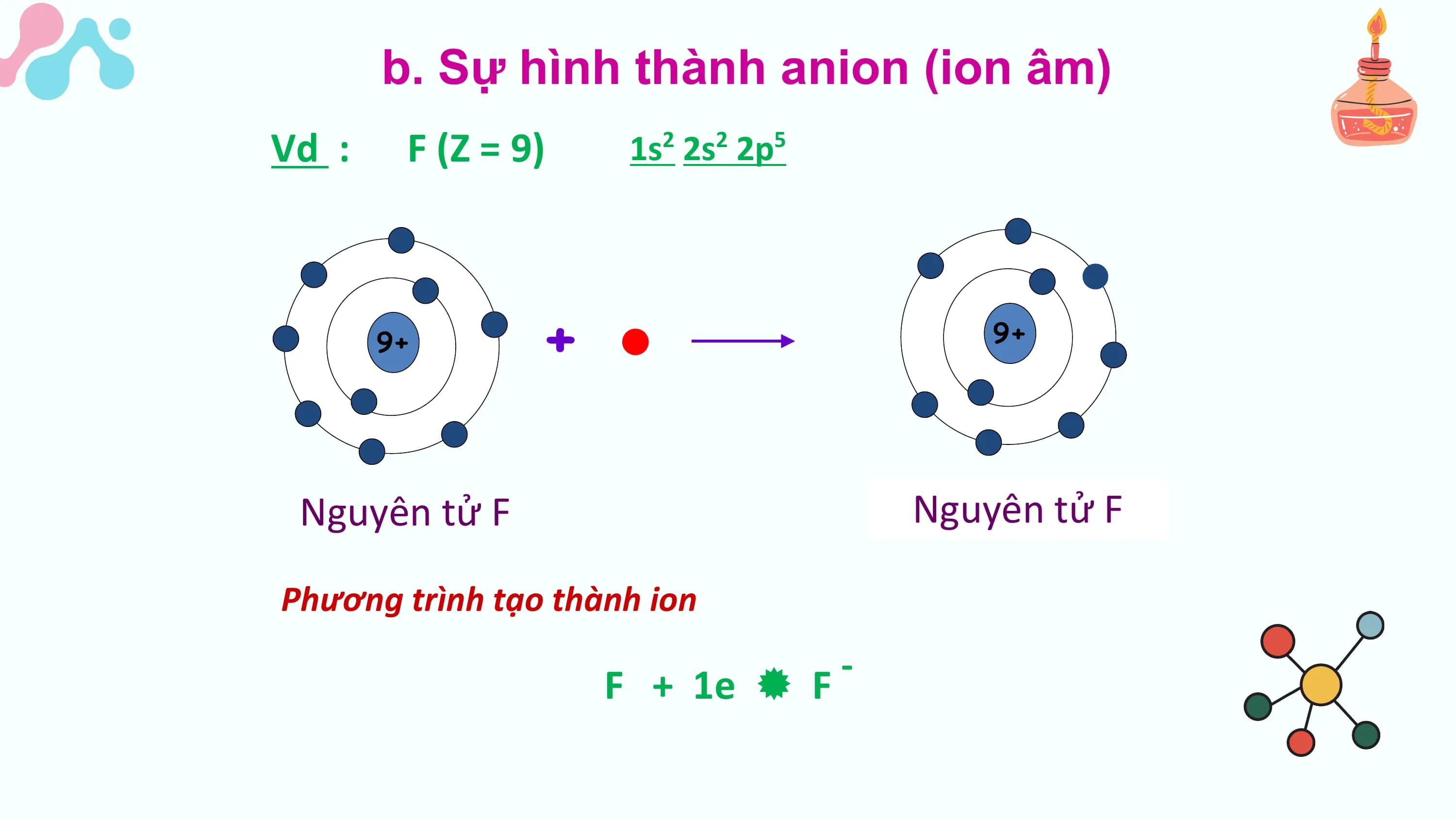 b. Sự hình thành anion (ion âm)
Vd : F (Z = 9) 1s2 2s2 2p5

 9+ + 9+

 Nguyên tử F Nguyên tử F-
 Ion fluoride ( F )

Phương trình tạo thành ion
 -
 F + 1e  F
