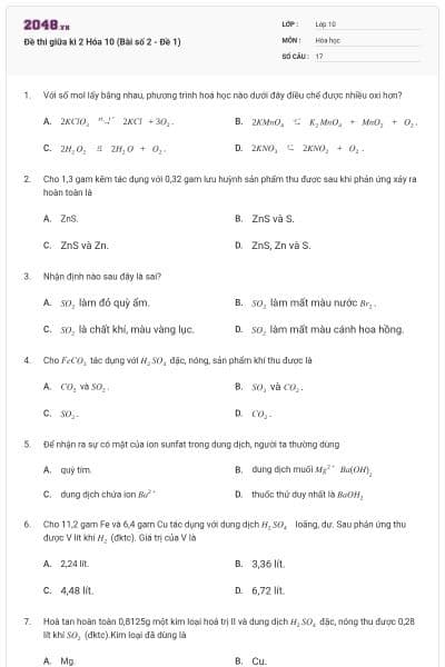 Đề thi giữa kì 2 Hóa 10 (Bài số 2 - Đề 1)