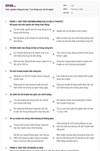 Trắc nghiệm Sóng âm lớp 7 (có đúng sai, trả lời ngắn)