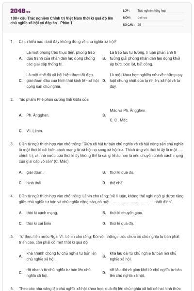 100+ câu Trắc nghiệm Chính trị Việt Nam thời kì quá độ lên chủ nghĩa xã hội có đáp án - Phần 1