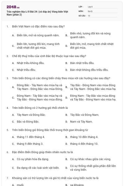 Trắc nghiệm Địa Lí 8 Bài 24: (có đáp án) Vùng biển Việt Nam (phần 2)