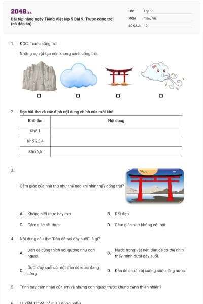Bài tập hàng ngày Tiếng Việt lớp 5 Bài 9. Trước cổng trời (có đáp án)