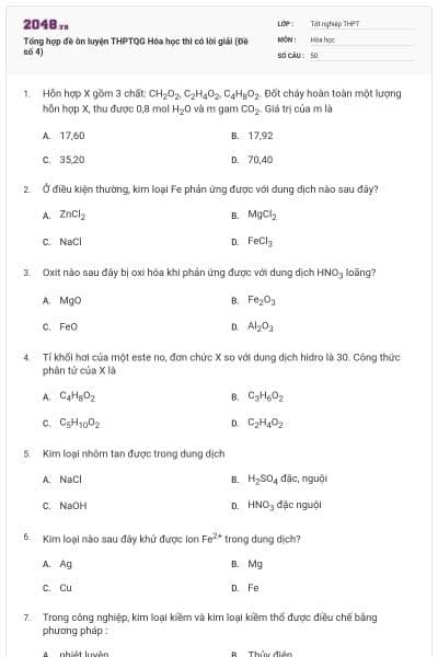 Tổng hợp đề ôn luyện THPTQG Hóa học thi có lời giải (Đề số 4)