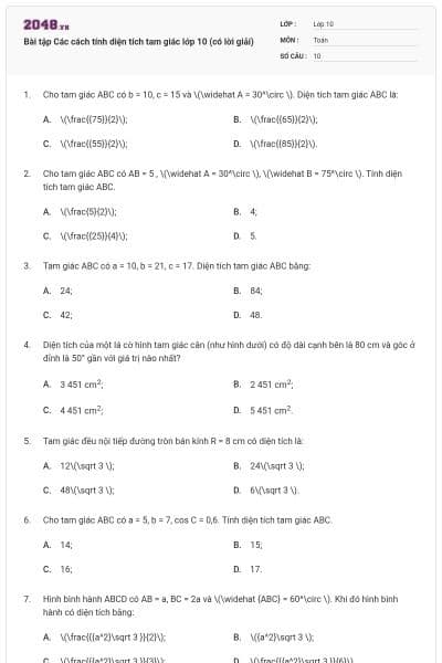 Bài tập Các cách tính diện tích tam giác lớp 10 (có lời giải)