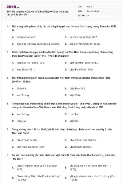 Bộ 4 đề thi giữa kì 2 Lịch sử & Địa lí lớp 9 Chân trời sáng tạo có đáp án - Đề 1