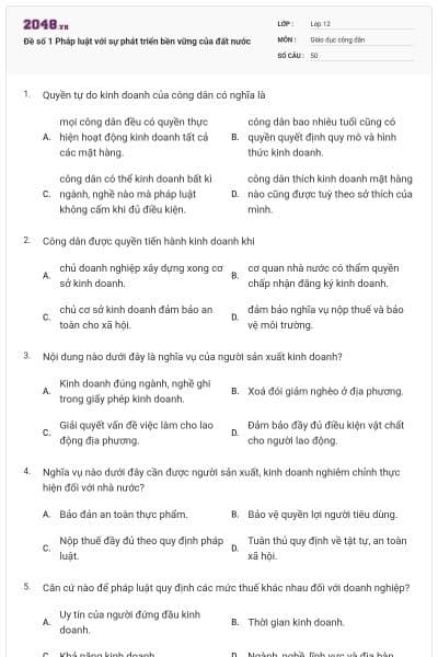 Đề số 1 Pháp luật với sự phát triển bền vững của đất nước
