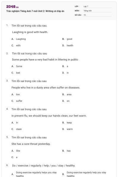 Trắc nghiệm Tiếng Anh 7 mới Unit 2: Writing có đáp án