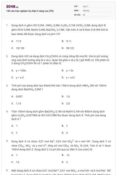 100 câu trắc nghiệm Sự điện li nâng cao (P5)
