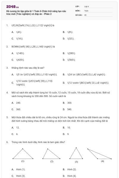 Đề cương ôn tập giữa kì 1 Toán 6 Chân trời sáng tạo cấu trúc mới (Trắc nghiệm) có đáp án - Phần 2