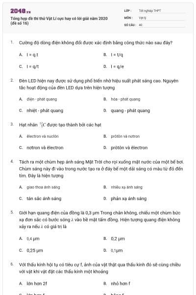 Tổng hợp đề thi thử Vật Lí cực hay có lời giải năm 2020 (đề số 16)