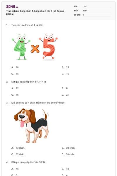Trắc nghiệm Bảng nhân 4, bảng chia 4 lớp 3 (có đáp án - phần 2)