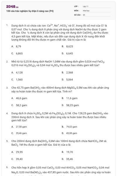 100 câu trắc nghiệm Sự điện li nâng cao (P4)
