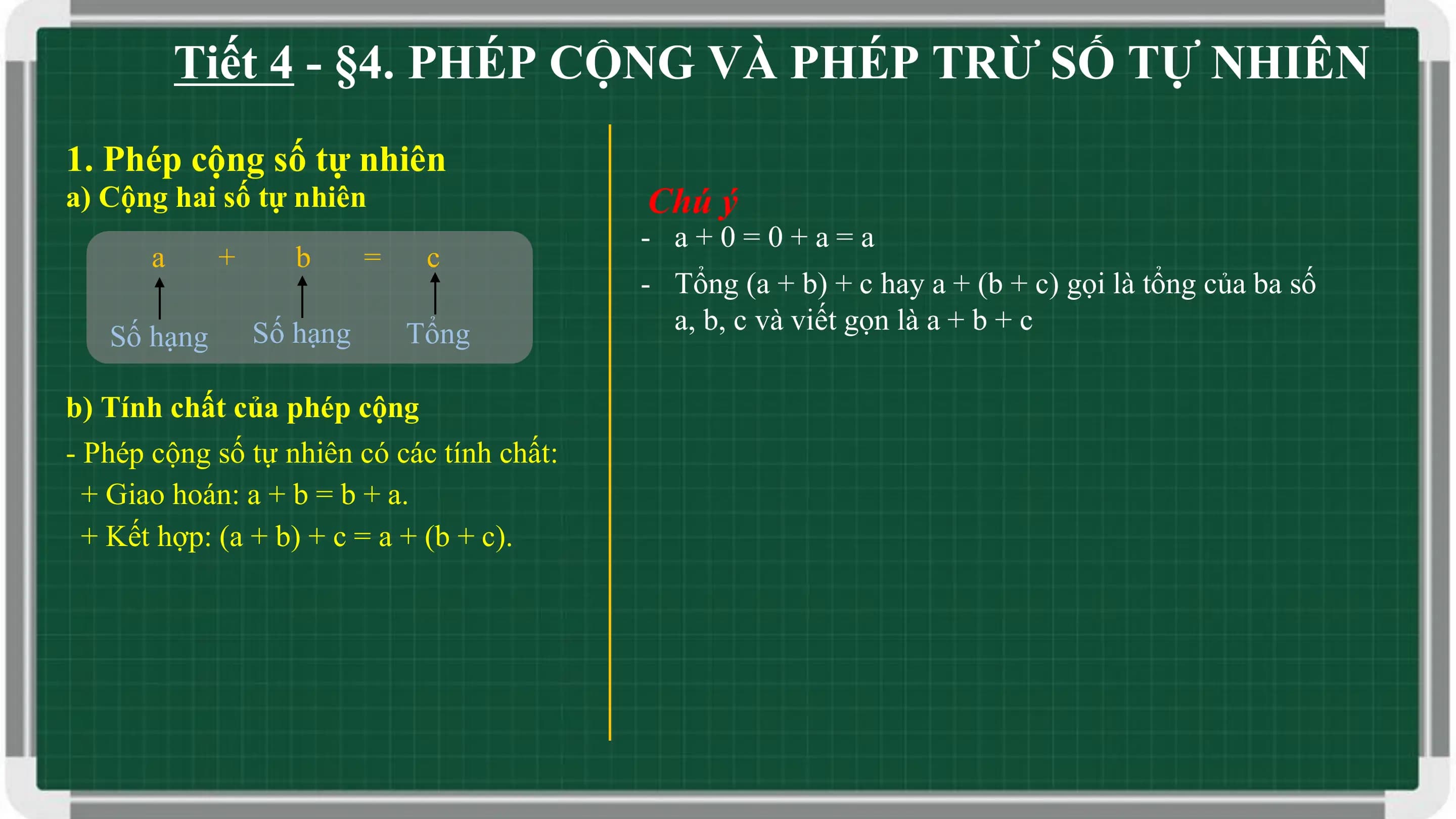 Tiết 4 - §4. PHÉP CỘNG VÀ PHÉP TRỪ SỐ TỰ NHIÊN
1. Phép cộng số tự nhiên
a) Cộng hai số tự nhiên Chú ý
 - a+0=0+a=a
 a + b = c
 - Tổng (a + b) + c hay a + (b + c) gọi là tổng của ba số
 Số hạng Tổng a, b, c và viết gọn là a + b + c
 Số hạng

b) Tính chất của phép cộng
- Phép cộng số tự nhiên có các tính chất:
 + Giao hoán: a + b = b + a.
 + Kết hợp: (a + b) + c = a + (b + c).