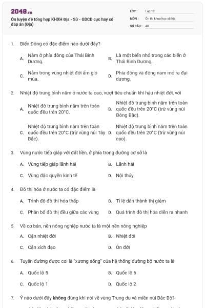 Ôn luyện đề tổng hợp KHXH Địa - Sử - GDCD cực hay có đáp án (Địa)