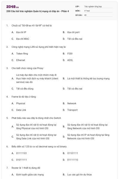 200 Câu hỏi trắc nghiệm Quản trị mạng có đáp án - Phần 4
