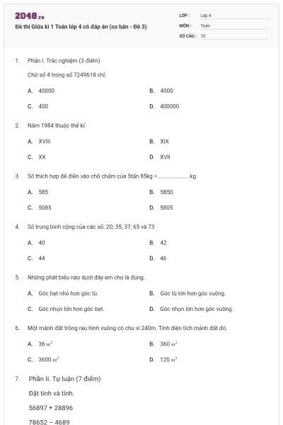 Đề thi Giữa kì 1 Toán lớp 4 có đáp án (cơ bản - Đề 3)