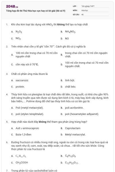 Tổng hợp đề thi Thử Hóa học cực hay có lời giải (Đề số 9)
