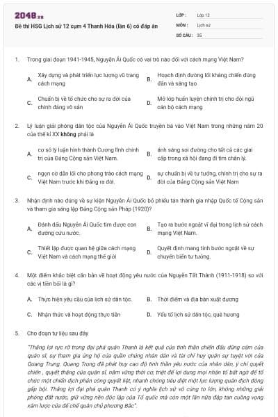 Đề thi HSG Lịch sử 12 cụm 4 Thanh Hóa (lần 6) có đáp án